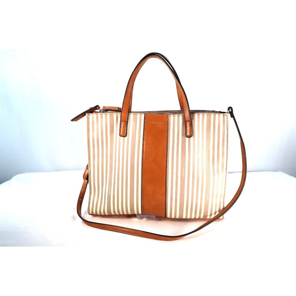 Tahari Brown & Tan Striped Tote Bag with Dual Handles & Adjustable